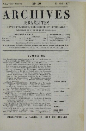 Archives israélites de France. Vol.38 N°10 (15 mai 1877)